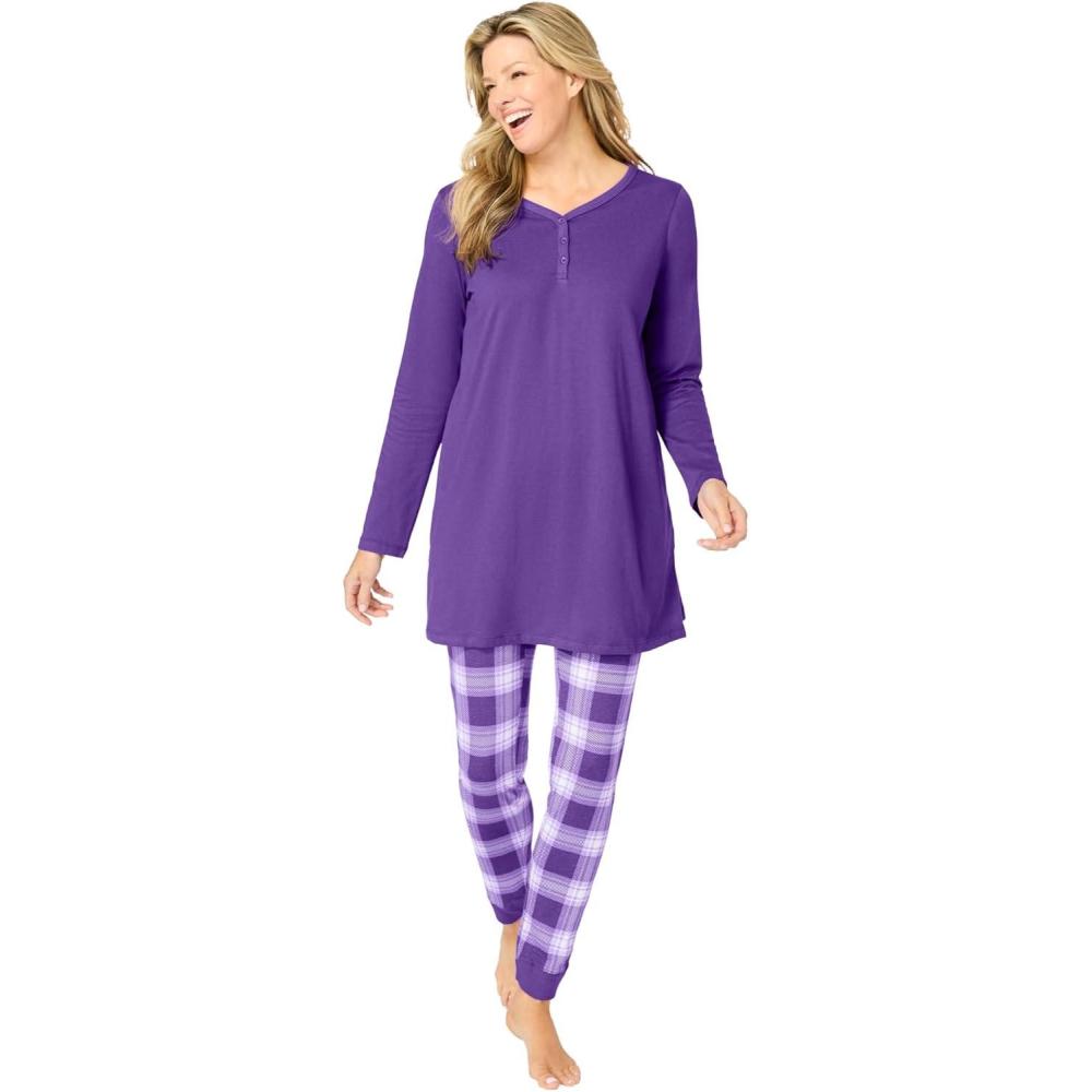 imageOnly Necessities Plus Size Henley Tunic ampamp Jogger PJ SetPlum Burst Plaid