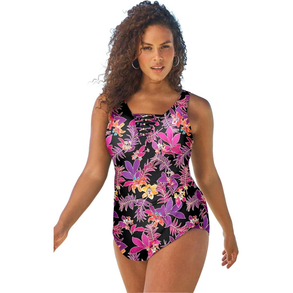 imageSwim 365 Womens Plus Size SarongFront SwimsuitPink Neon Floral