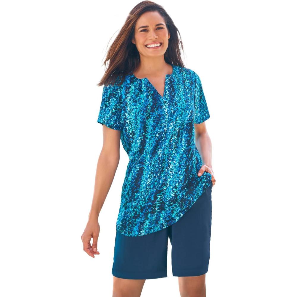 imageSwim 365 Womens Plus Size SplitNeck Short Sleeve Swim Tee with Builtin BraAqua Abstract