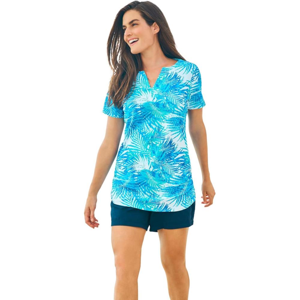 imageSwim 365 Womens Plus Size SplitNeck Short Sleeve Swim Tee with Builtin BraBlue Multi Leaves