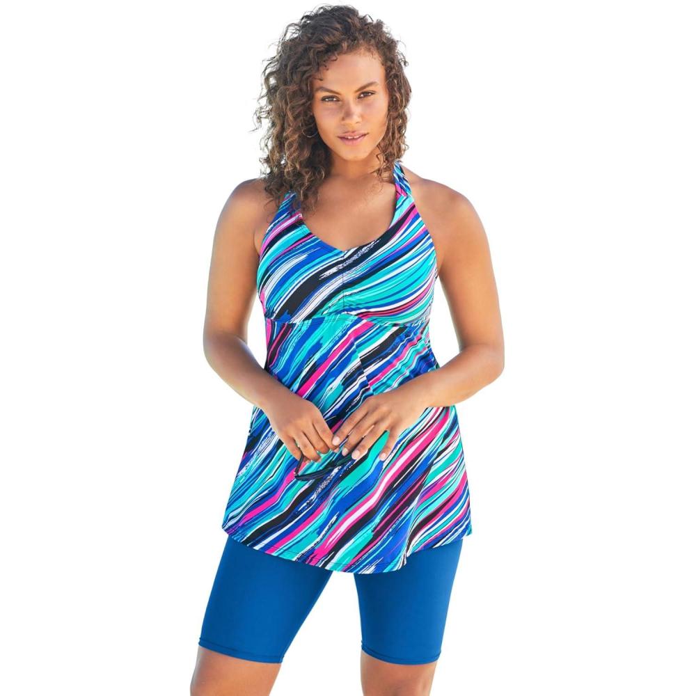 imageSwimsuits For All Swim 365 Womens Plus Size Longer Length Braided Tankini TopBerry Turq Stripe