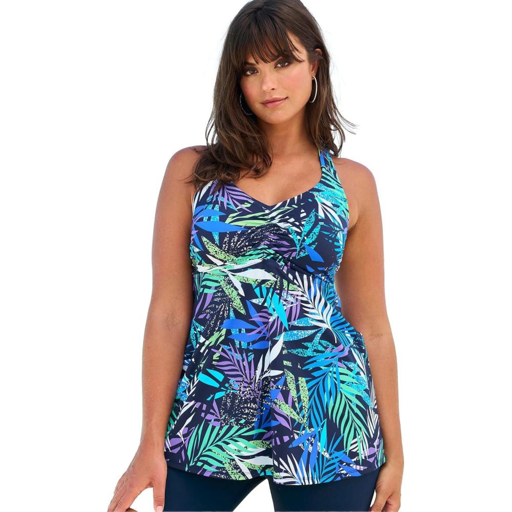 imageSwimsuits For All Swim 365 Womens Plus Size Longer Length Braided Tankini TopCool Textured Palm