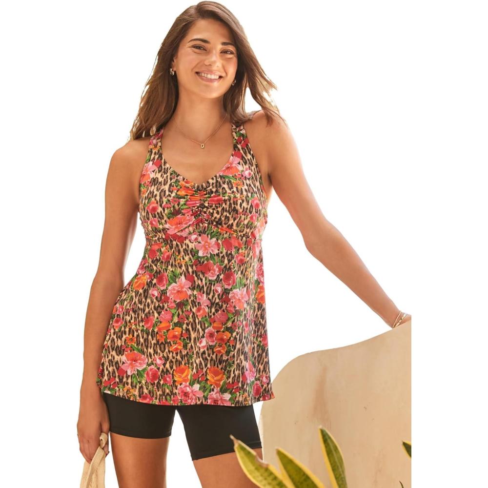 imageSwimsuits For All Swim 365 Womens Plus Size Longer Length Braided Tankini TopRose Bloom Leopard