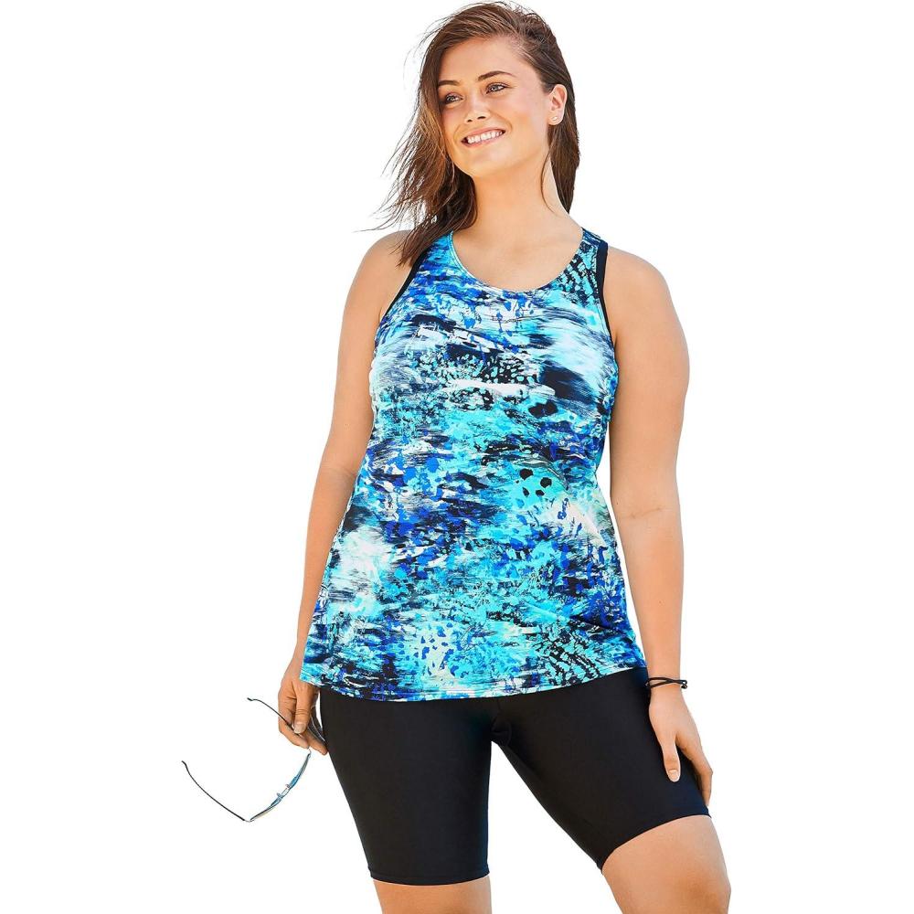 imageSwimsuits For All Swim 365 Womens Plus Size LongerLength Racerback Tankini TopBlue Abstract