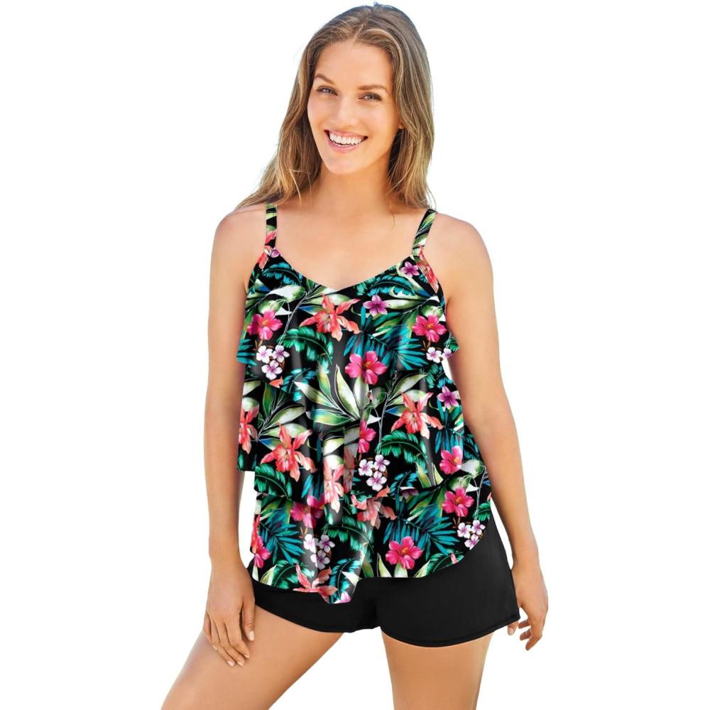 imageSwimsuits For All Swim 365 Womens Plus Size LongerLength TieredRuffle Tankini TopOasis Floral