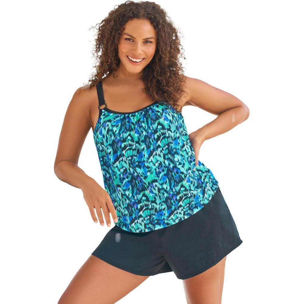 imageSwimsuits For All Swim 365 Womens Plus Size Tank Overlay Swim RomperBlue Mixed Butterfly