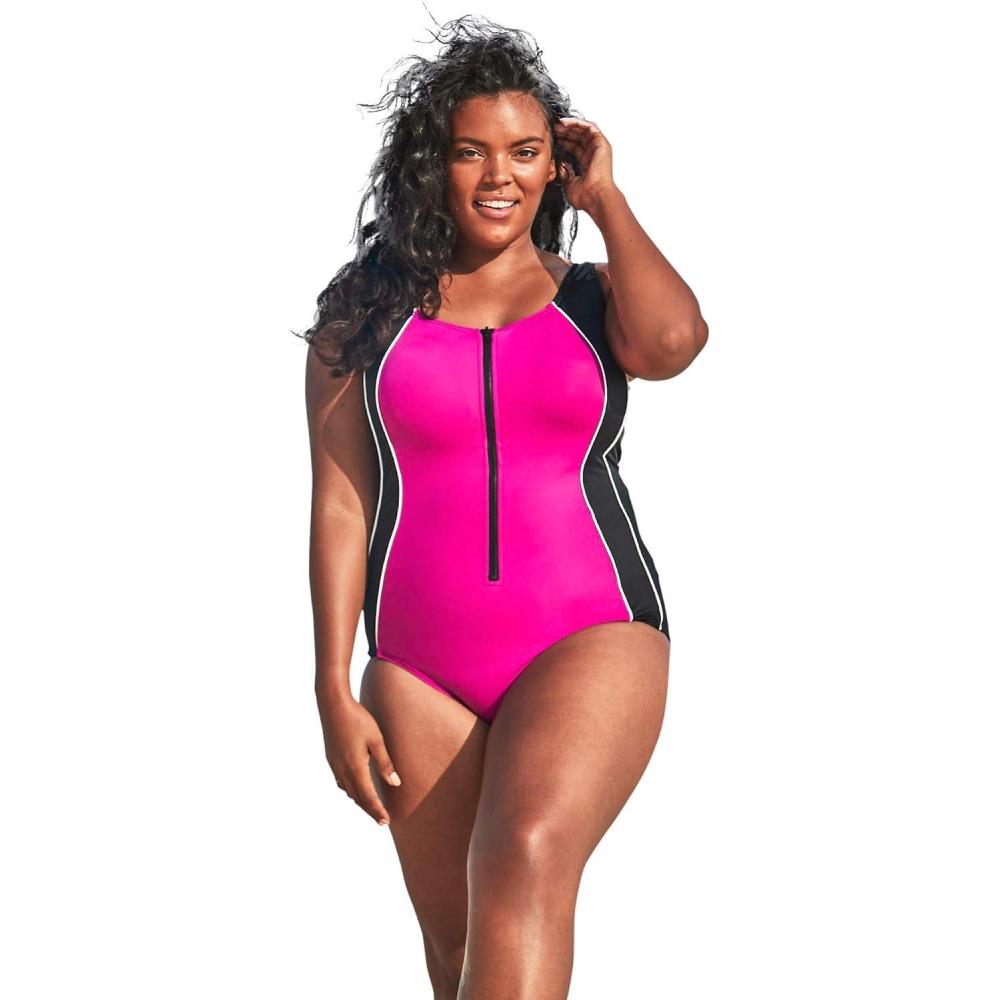 imageSwimsuits For All Womens Chlorine Resistant Zip Front One Piece Swimsuit PlusFuchsia White Black