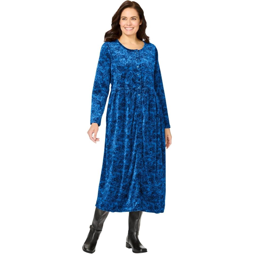 imageWoman Within Plus Size 21Button Velour DressBright Cobalt Floral Paisley