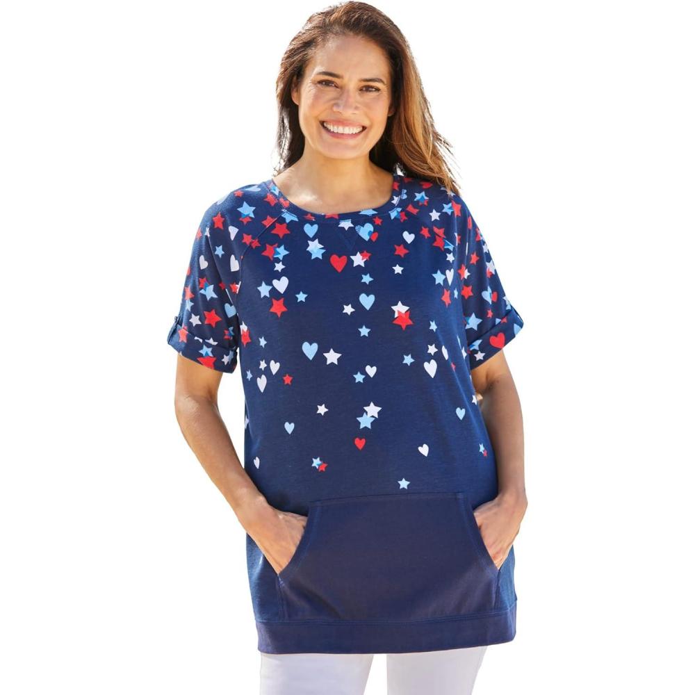 imageWoman Within Plus Size Americana Kangaroo Pocket TeeNavy Falling Star
