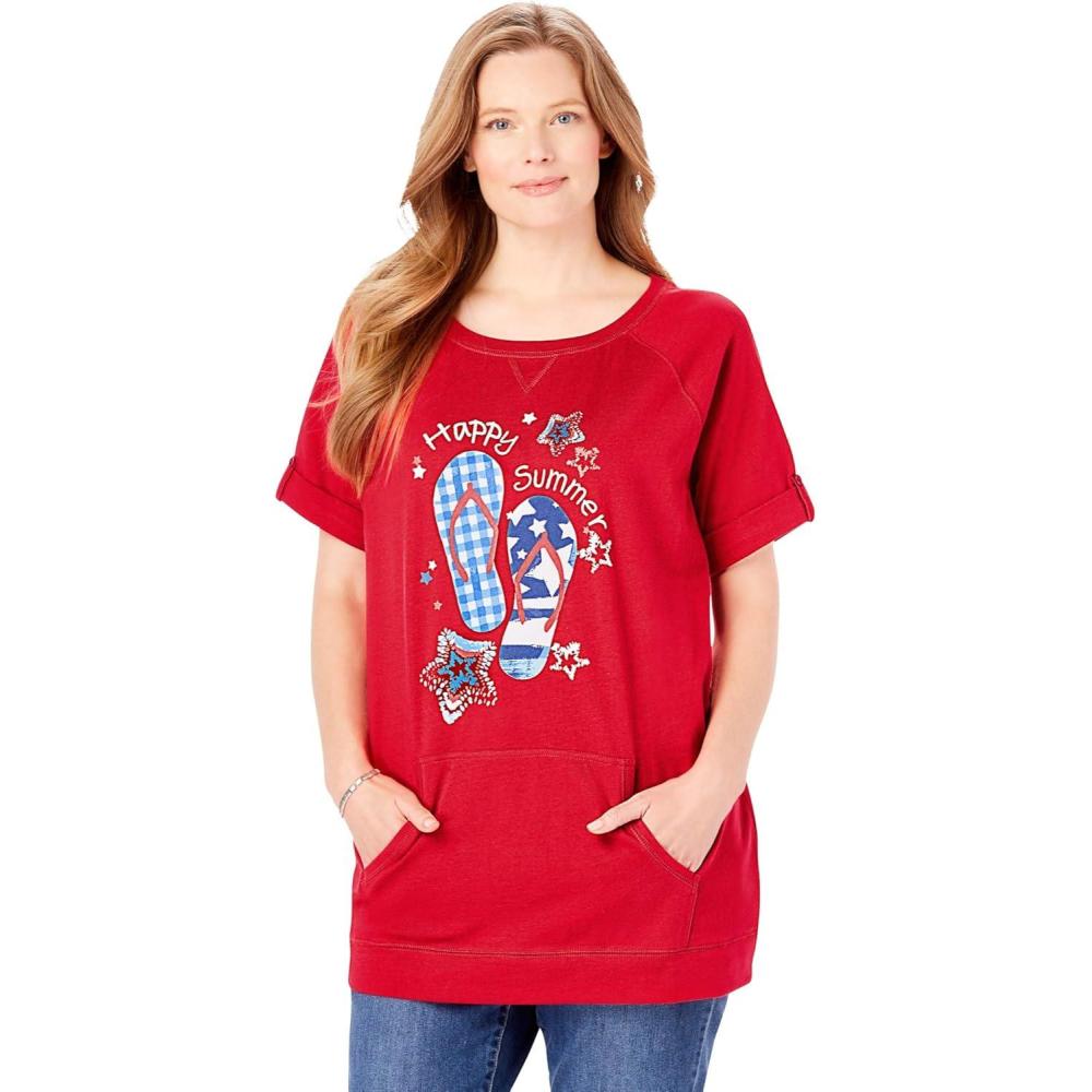 imageWoman Within Plus Size Americana Kangaroo Pocket TeeVivid Red Happy Summer