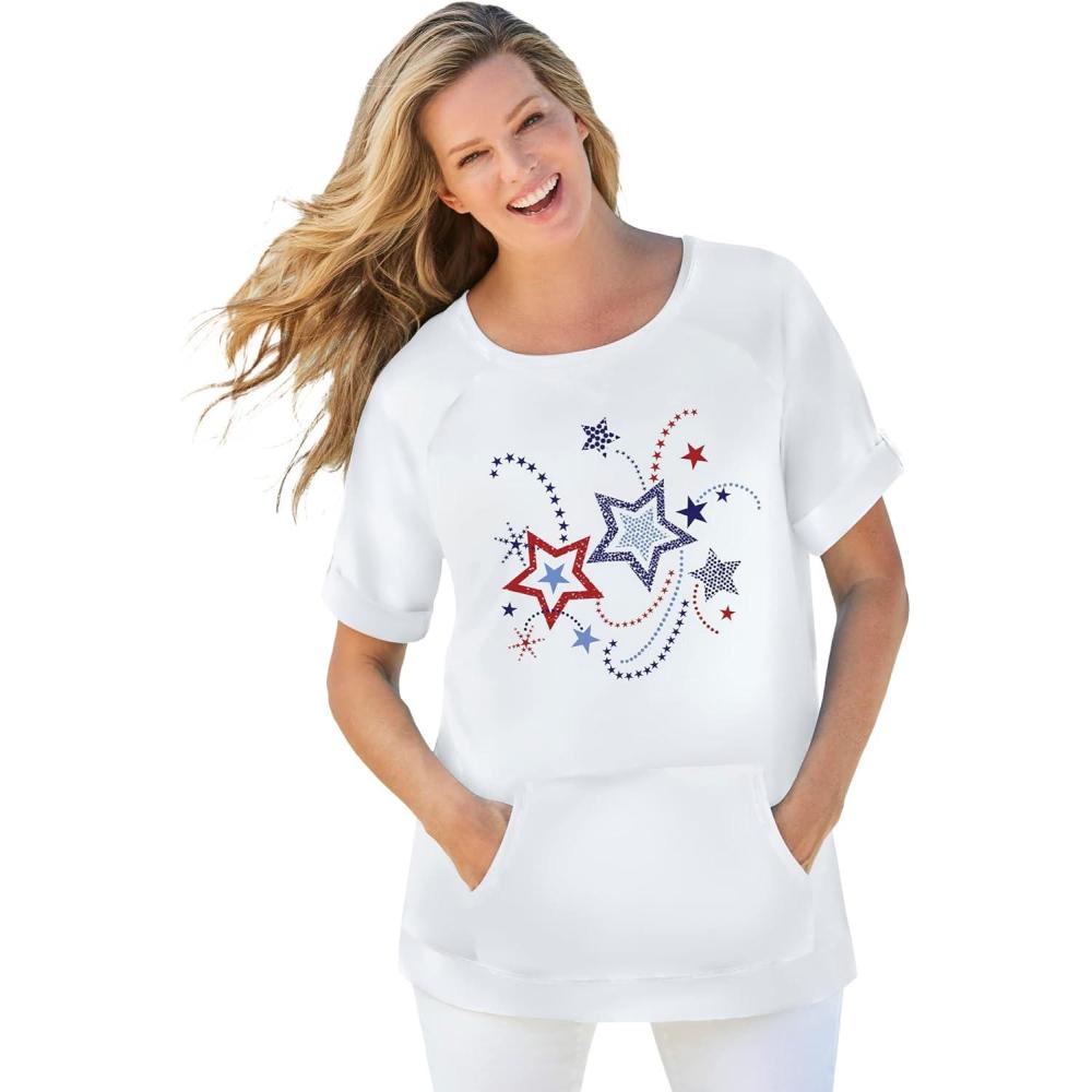 imageWoman Within Plus Size Americana Kangaroo Pocket TeeWhite Firework Stars