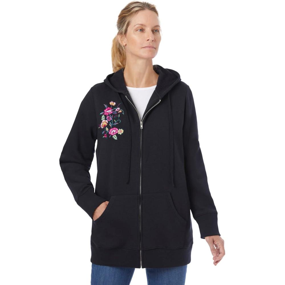 imageWoman Within Plus Size Better Fleece ZipFront Hoodie Long Oversized SweatshirtBlack Floral Embroidery