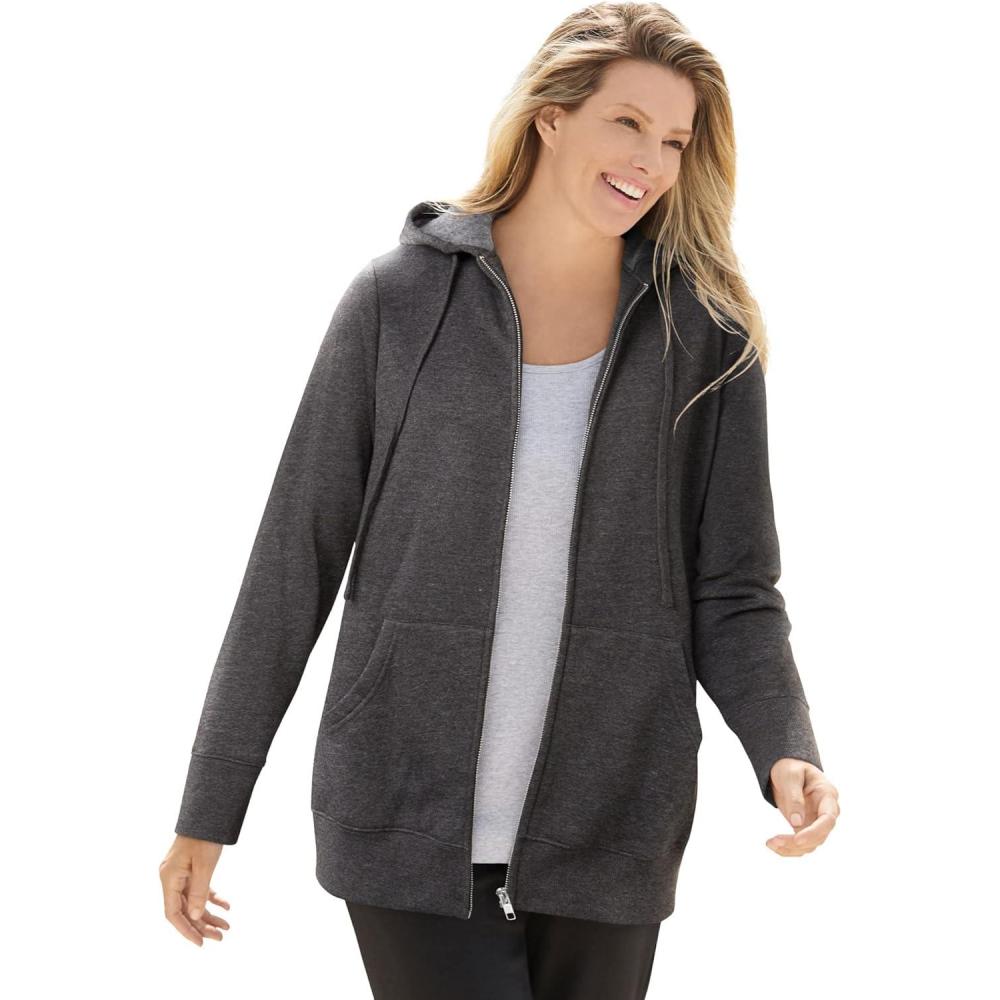 imageWoman Within Plus Size Better Fleece ZipFront Hoodie Long Oversized SweatshirtHeather Charcoal