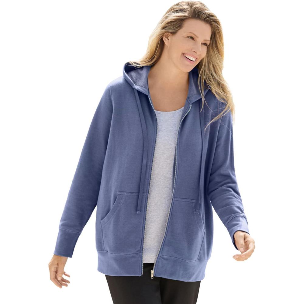 imageWoman Within Plus Size Better Fleece ZipFront Hoodie Long Oversized SweatshirtHeather Navy