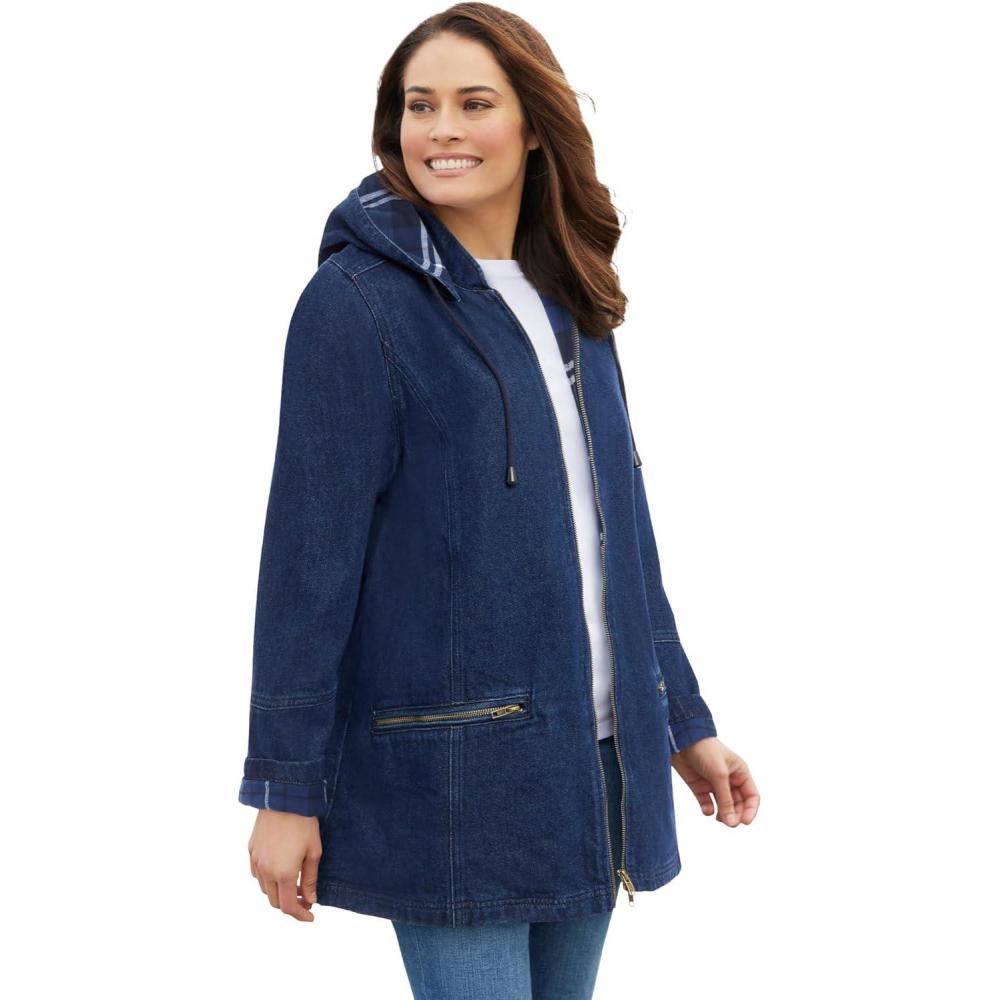 imageWoman Within Plus Size FlannelLined Denim Jacket Removable Hood Long Oversized Jean CoatIndigo Plaid