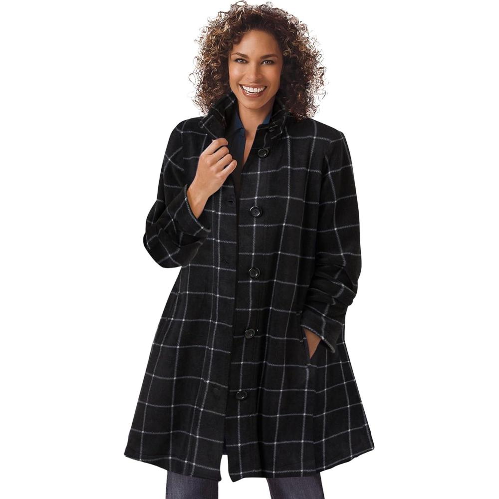 imageWoman Within Plus Size Fleece Swing FunnelNeck CoatBlack Windowpane Plaid