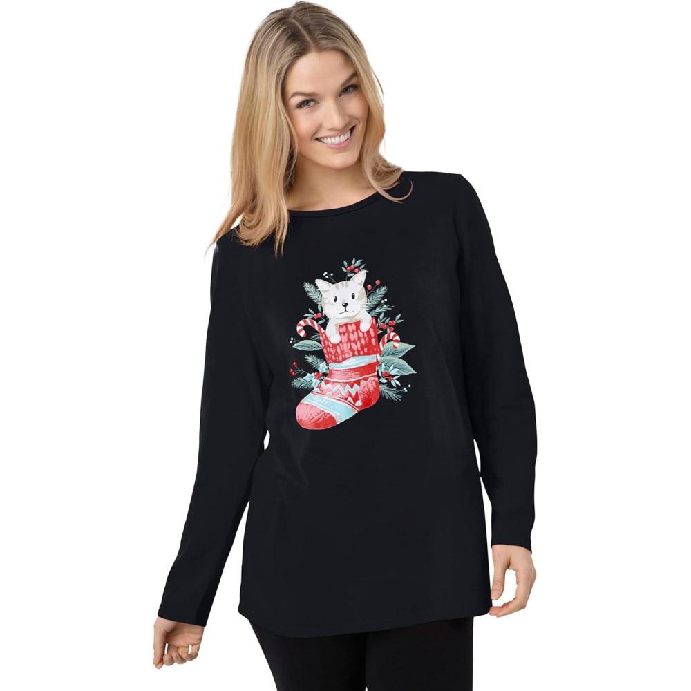 imageWoman Within Plus Size Holiday Graphic TeeBlack Cat Stocking