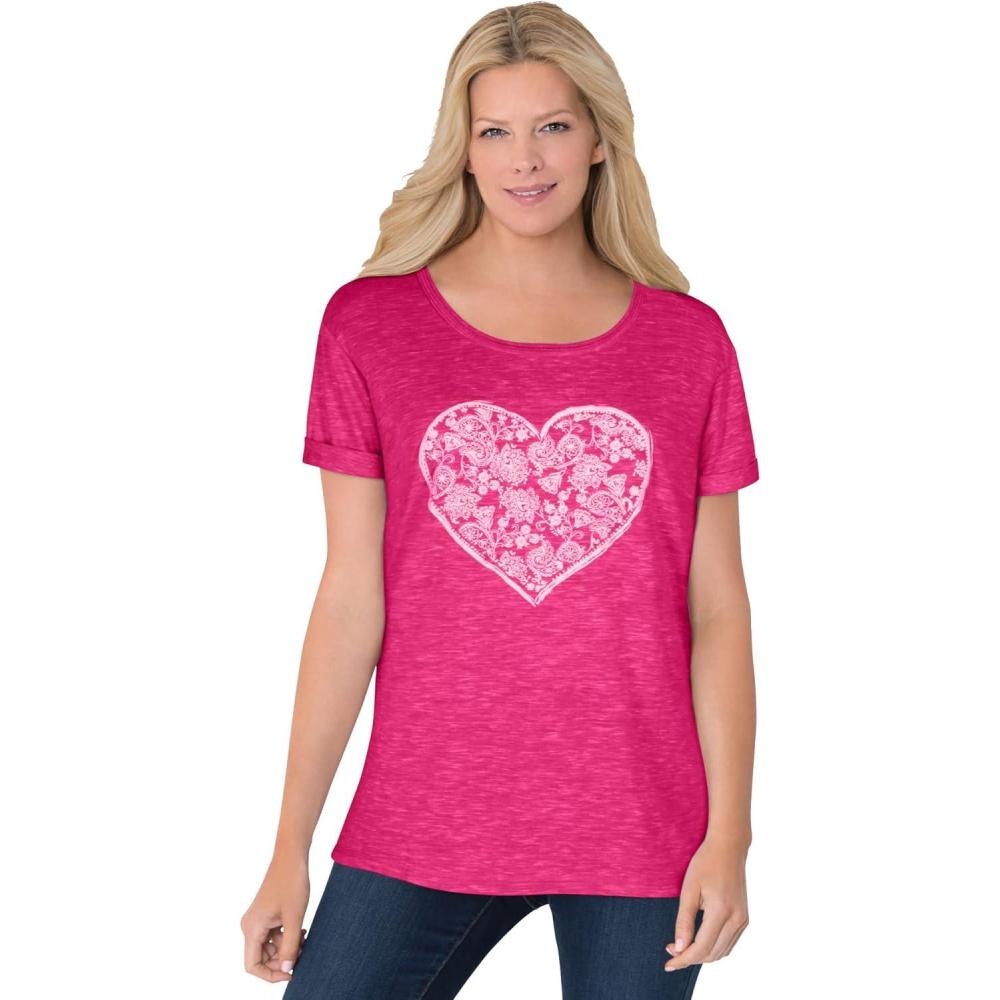 imageWoman Within Plus Size Marled CuffedSleeve TeeRaspberry Sorbet Heart Placement