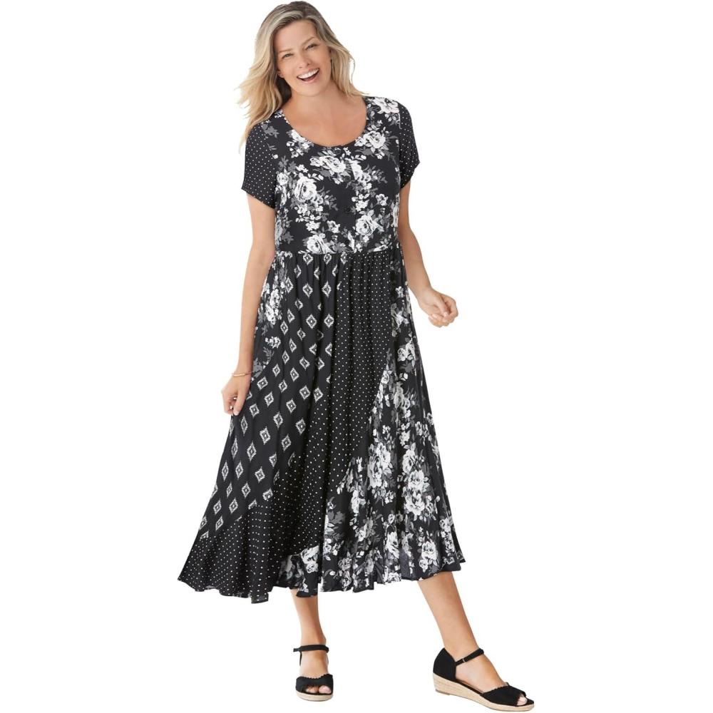 imageWoman Within Plus Size Mixed Print Maxi DressBlack White Pretty Rose