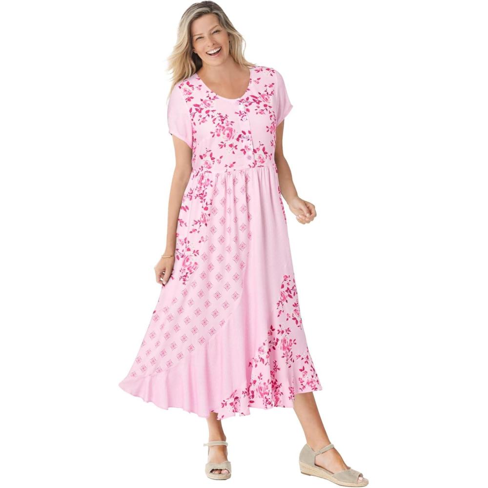 imageWoman Within Plus Size Mixed Print Maxi DressPink Pretty Rose