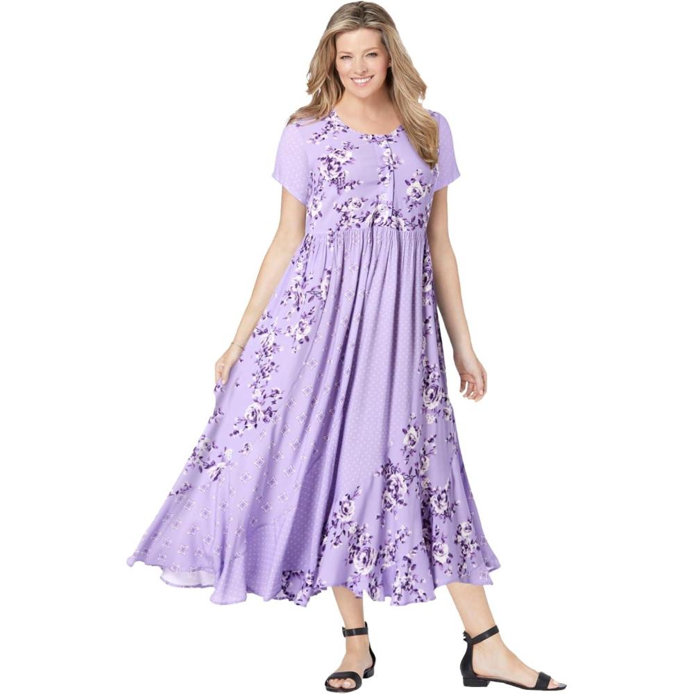 imageWoman Within Plus Size Mixed Print Maxi DressSoft Iris Pretty Rose