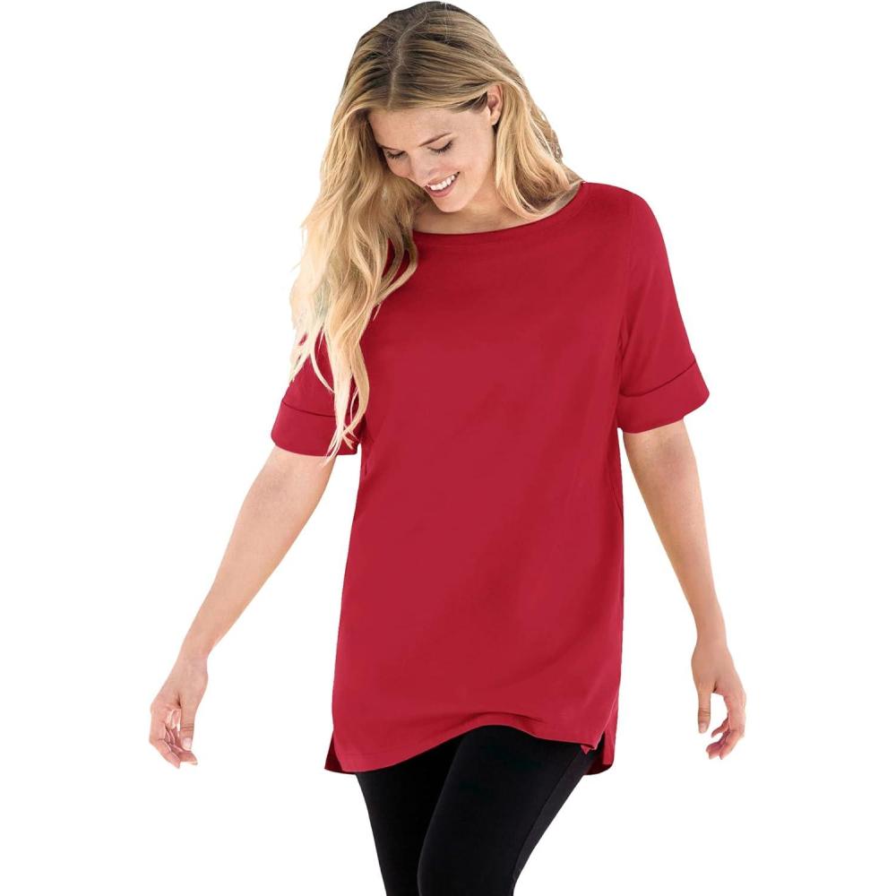 imageWoman Within Plus Size Perfect Cuffed ElbowSleeve BoatNeck TeeClassic Red