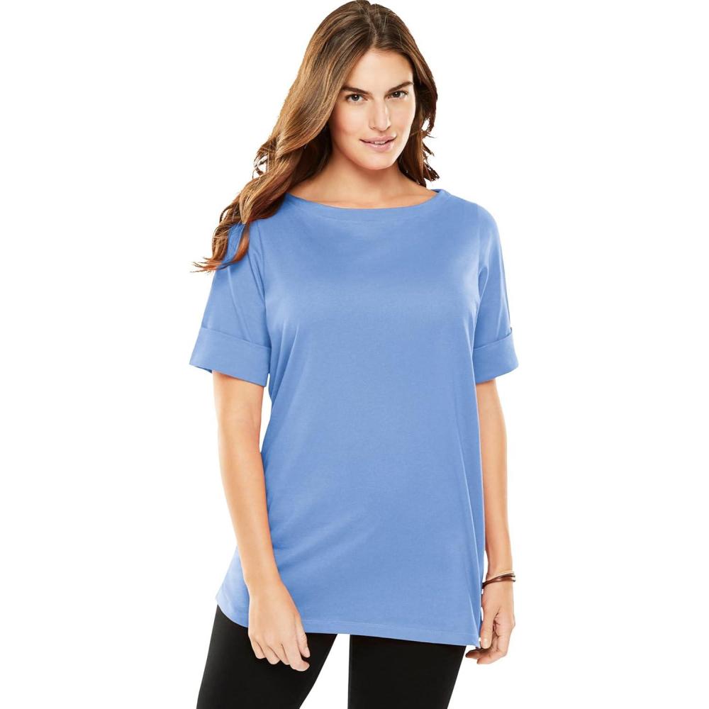 imageWoman Within Plus Size Perfect Cuffed ElbowSleeve BoatNeck TeeFrench Blue