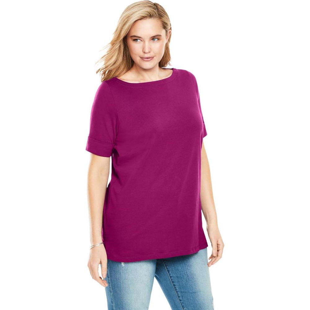 imageWoman Within Plus Size Perfect Cuffed ElbowSleeve BoatNeck TeeRaspberry