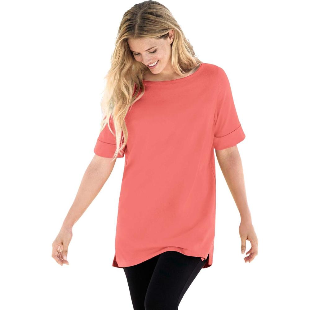 imageWoman Within Plus Size Perfect Cuffed ElbowSleeve BoatNeck TeeSweet Coral