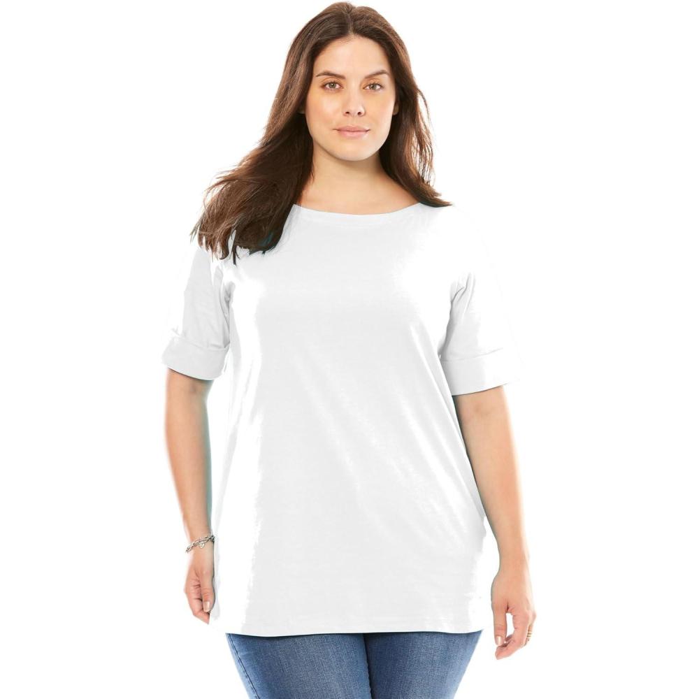 imageWoman Within Plus Size Perfect Cuffed ElbowSleeve BoatNeck TeeWhite