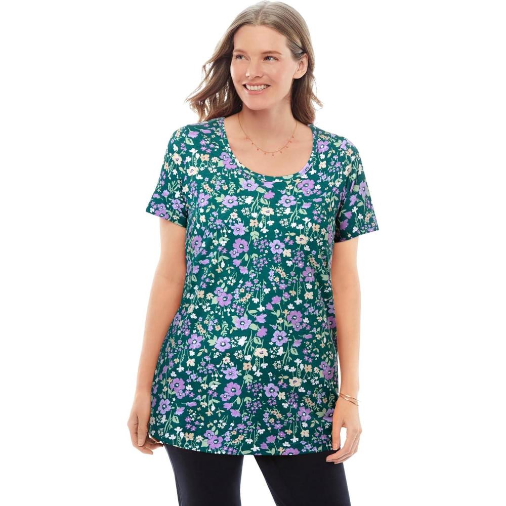 imageWoman Within Plus Size Perfect Printed ShortSleeve Scoopneck TeeEmerald Green Field Floral