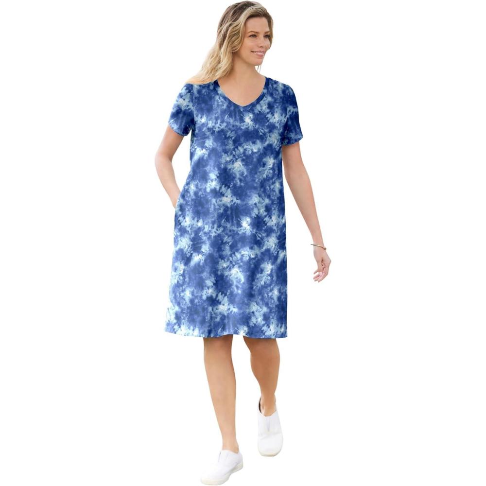 imageWoman Within Plus Size Perfect ShortSleeve VNeck Tee DressRoyal Navy Tie Dye