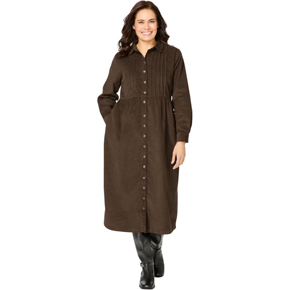 imageWoman Within Plus Size Petite Button Front Corduroy DressChocolate