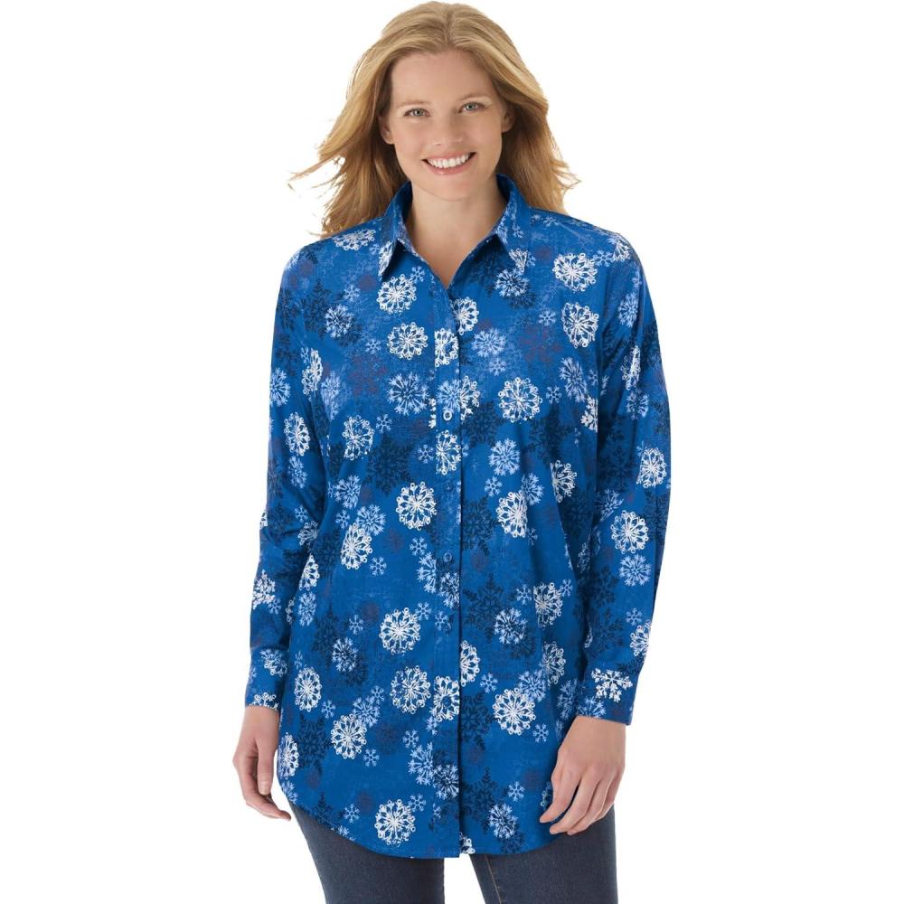 imageWoman Within Plus Size Petite Perfect Long Sleeve ShirtDeep Cobalt Snowflake