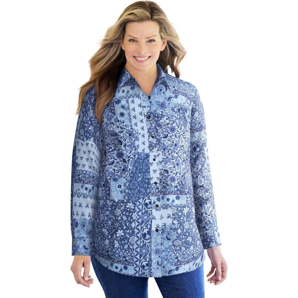 imageWoman Within Plus Size Petite Perfect Long Sleeve ShirtFrench Blue Patched Paisley