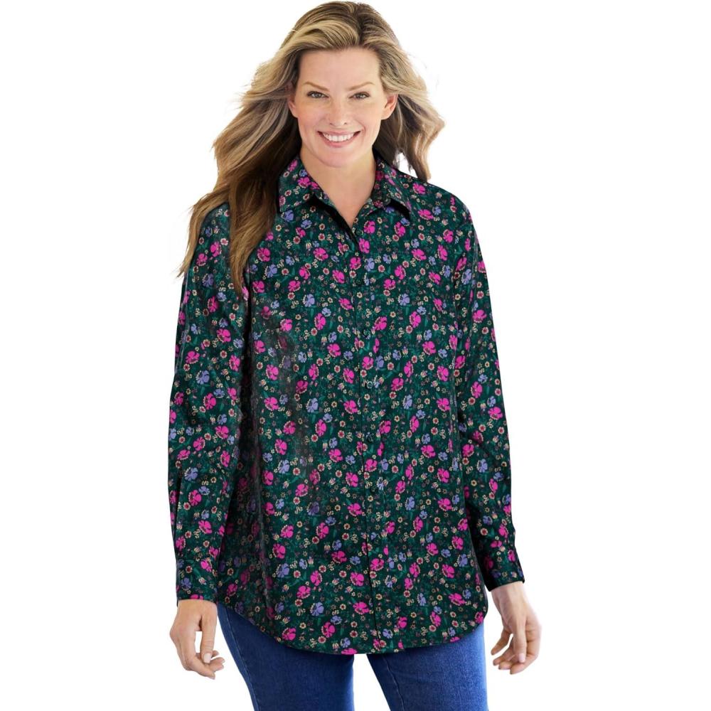 imageWoman Within Plus Size Petite Perfect Long Sleeve ShirtGreen Pansy Ditsy