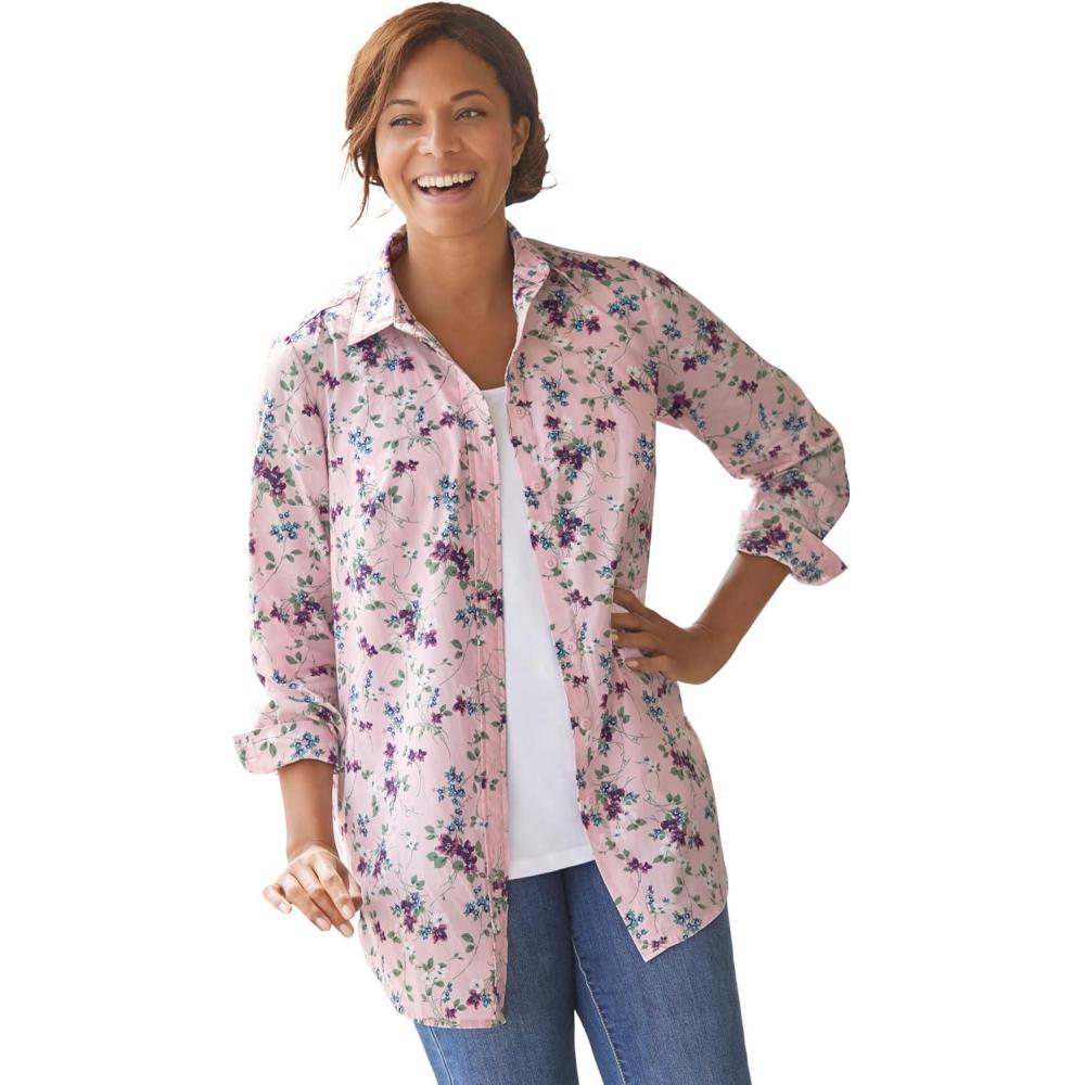 imageWoman Within Plus Size Petite Perfect Long Sleeve ShirtPink Pretty Bloom