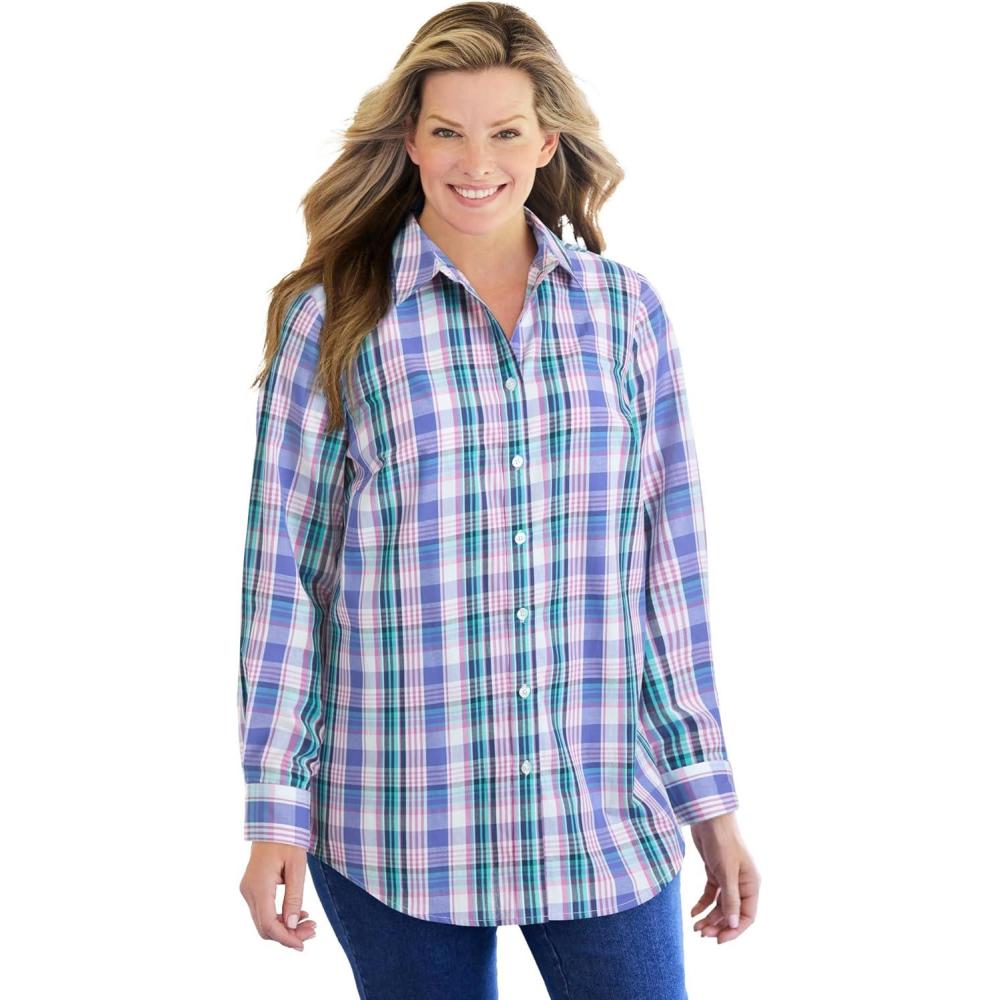 imageWoman Within Plus Size Petite Perfect Long Sleeve ShirtTulip Purple Charming Plaid