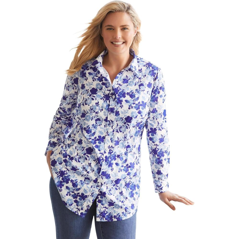 imageWoman Within Plus Size Petite Perfect Long Sleeve ShirtUltra Blue Shadow Floral