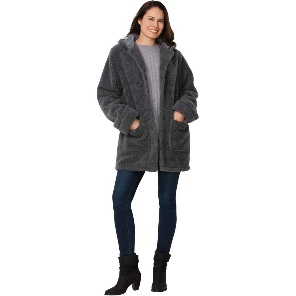 imageWoman Within Plus Size Short Hooded Berber Fleece JacketHeather Charcoal