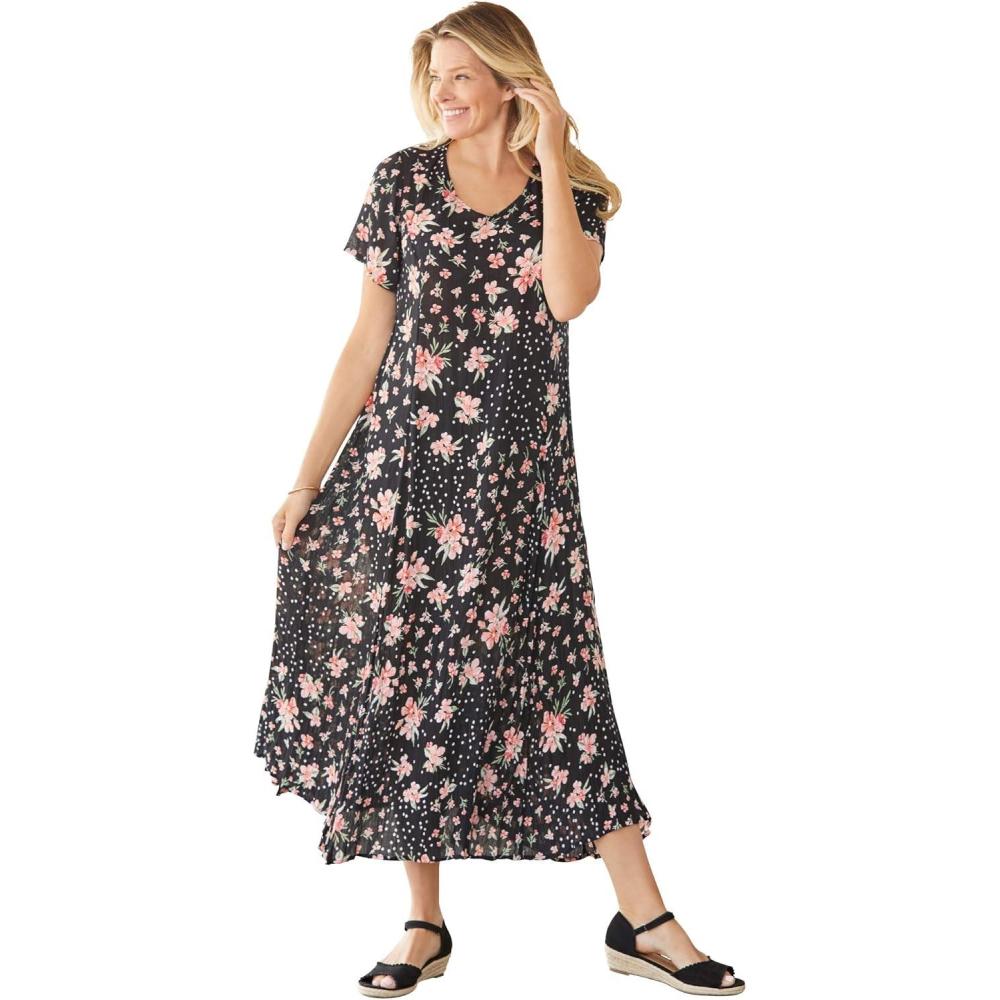 imageWoman Within Plus Size ShortSleeve Crinkle DressBlack Patch Floral