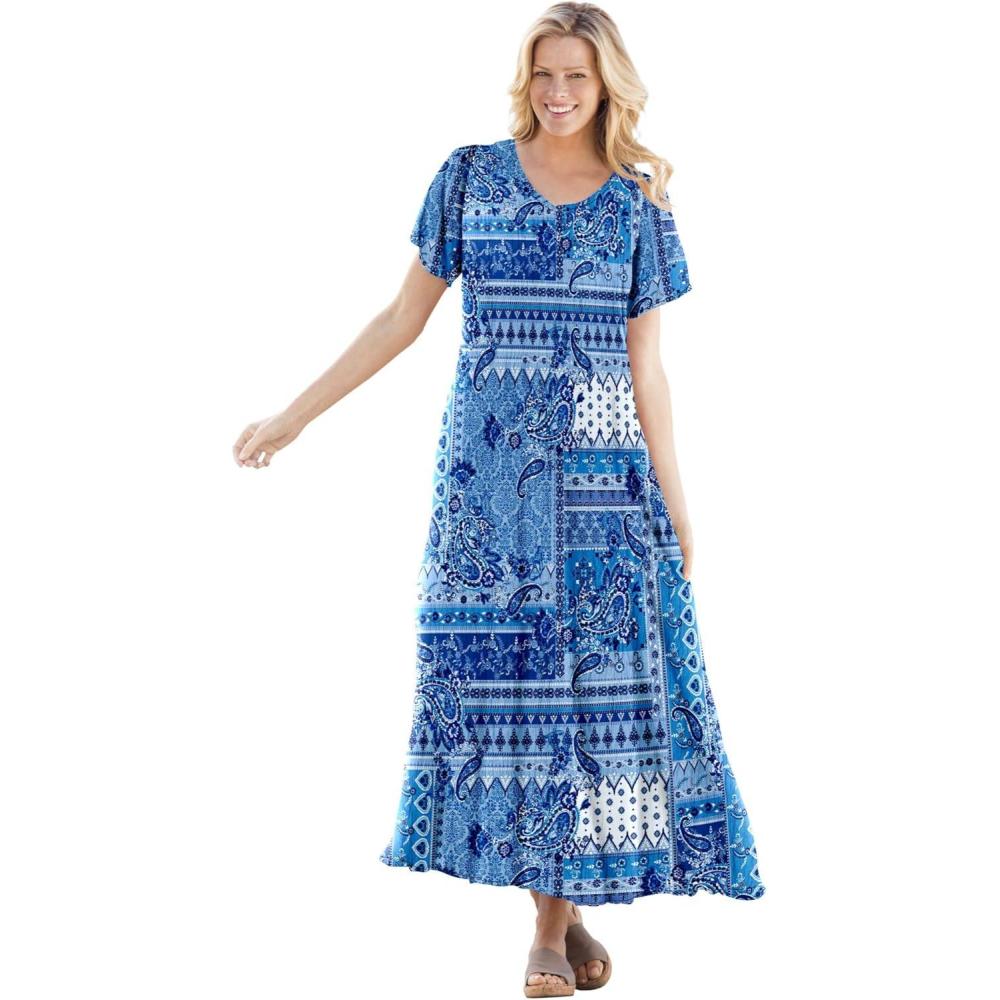 imageWoman Within Plus Size ShortSleeve Crinkle DressSky Blue Paisley Patchwork