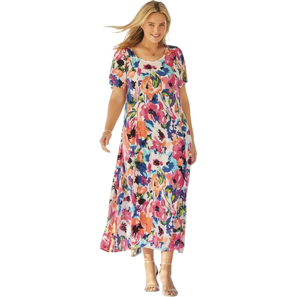 imageWoman Within Plus Size ShortSleeve Crinkle DressSweet Coral Bloom