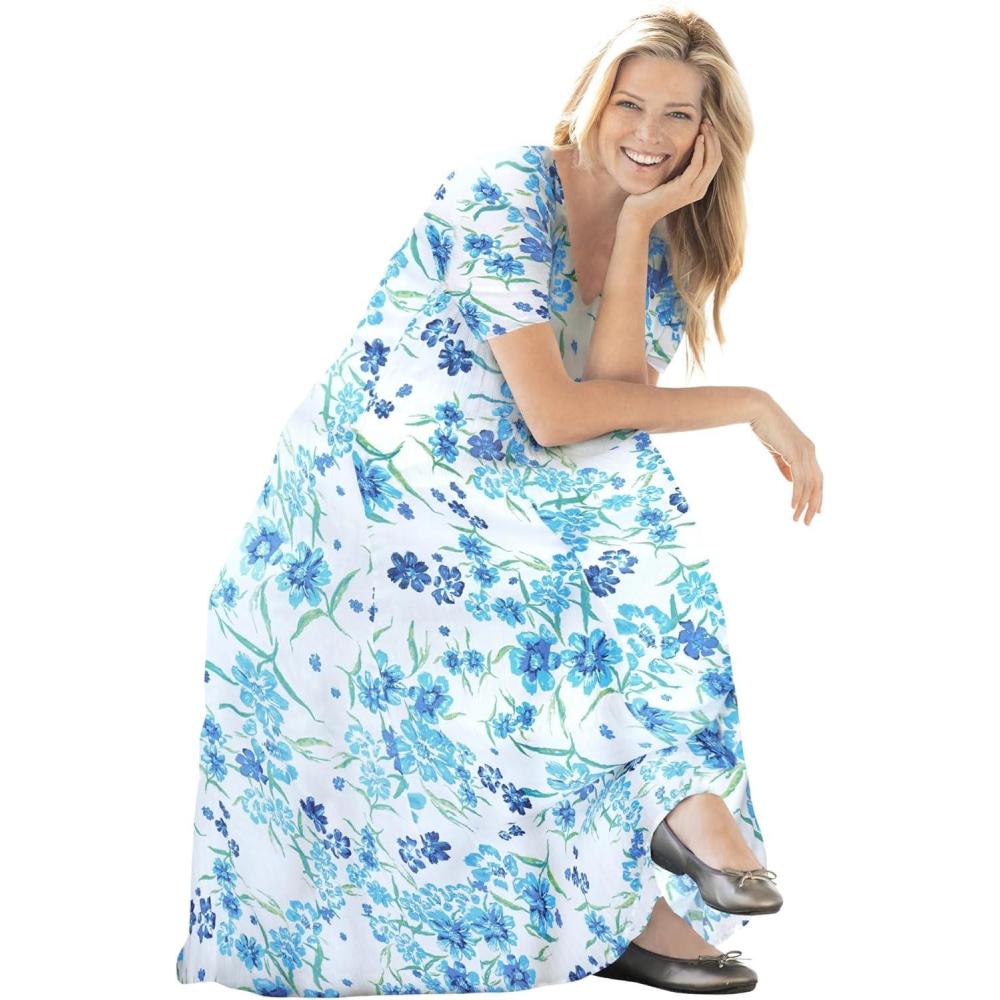 imageWoman Within Plus Size ShortSleeve Crinkle DressWhite Blue Floral