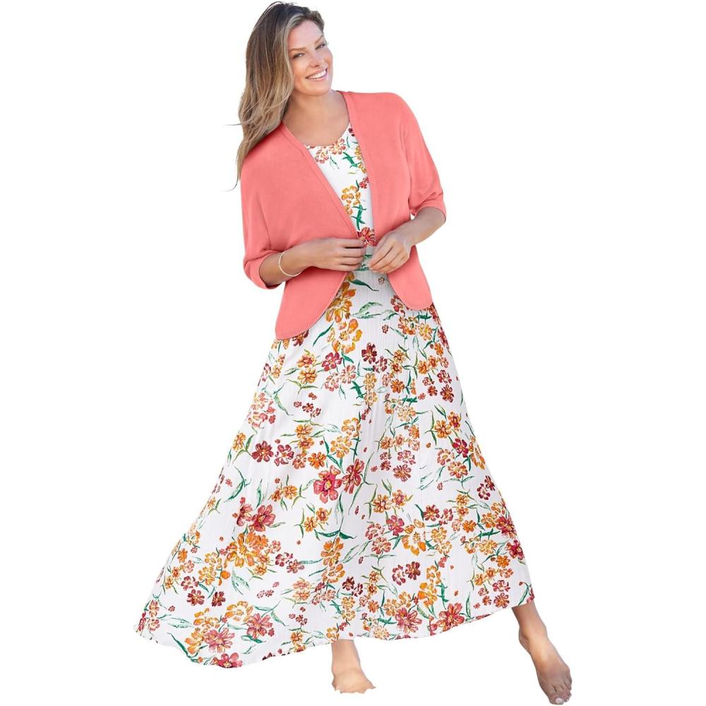 imageWoman Within Plus Size ShortSleeve Crinkle DressWhite Floral