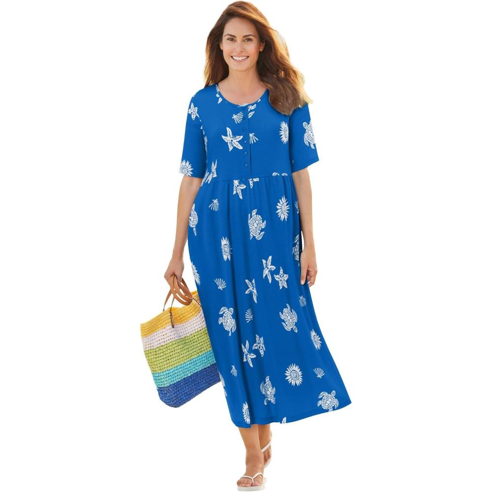 imageWoman Within Plus Size Stamped Empire Waist DressBright Cobalt Starfish