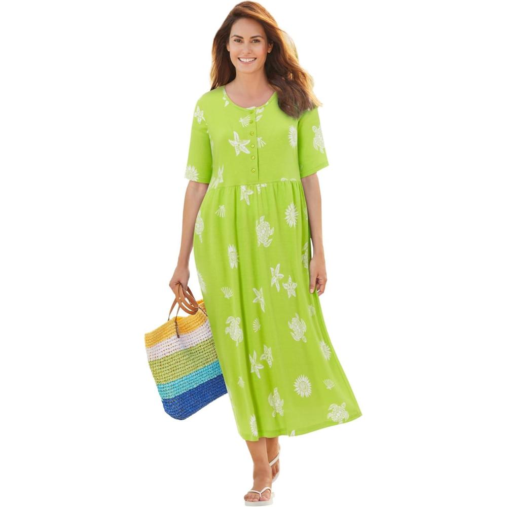 imageWoman Within Plus Size Stamped Empire Waist DressLime Starfish