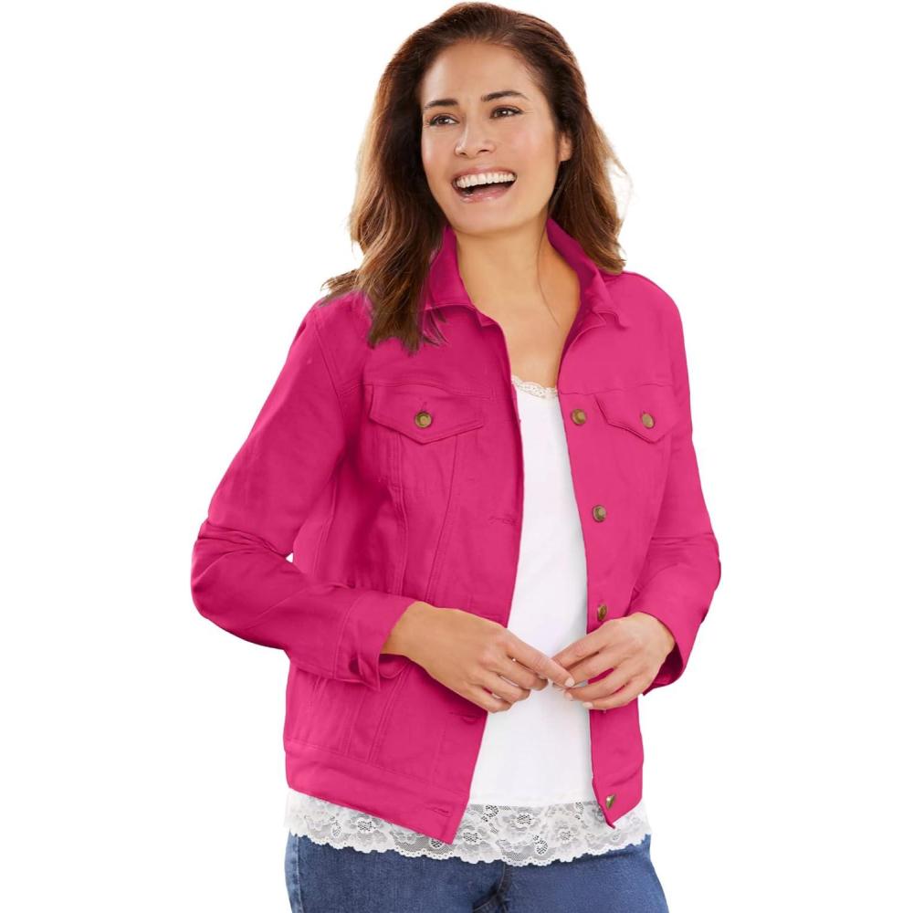 imageWoman Within Plus Size Stretch Denim Jacket Cropped Jean JacketRaspberry Sorbet