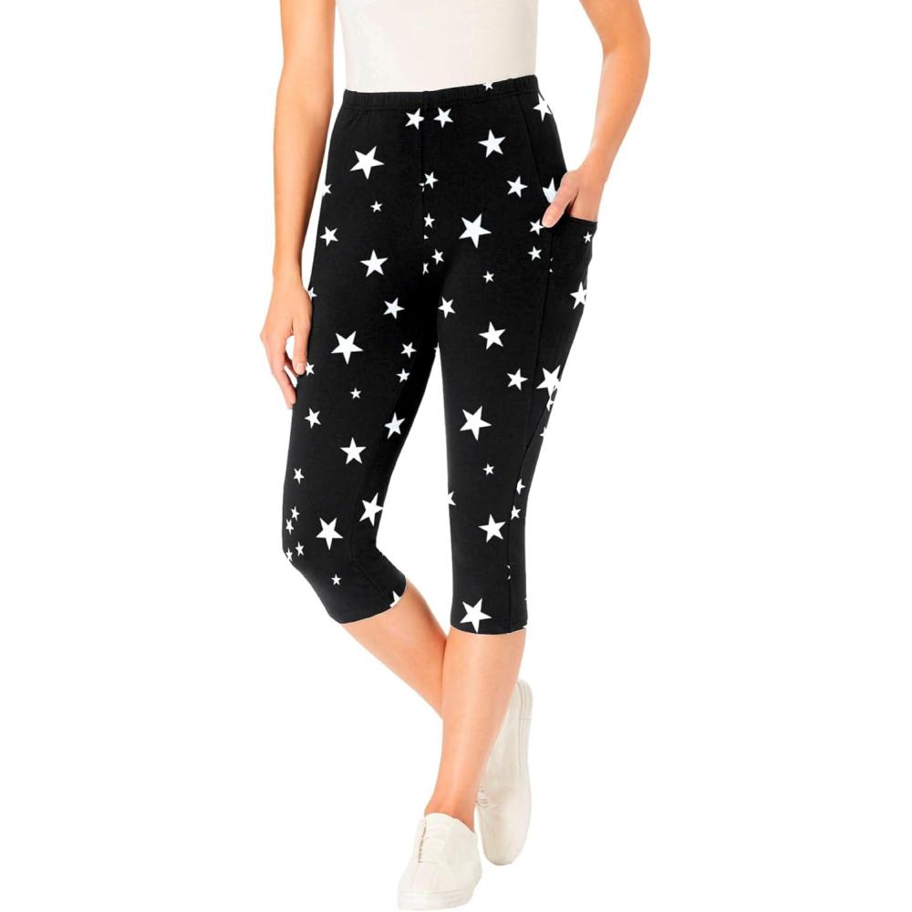 imageWoman Within Plus Size StretchCotton Knit PullOn Printed Pocket Capri LeggingsBlack White Stars