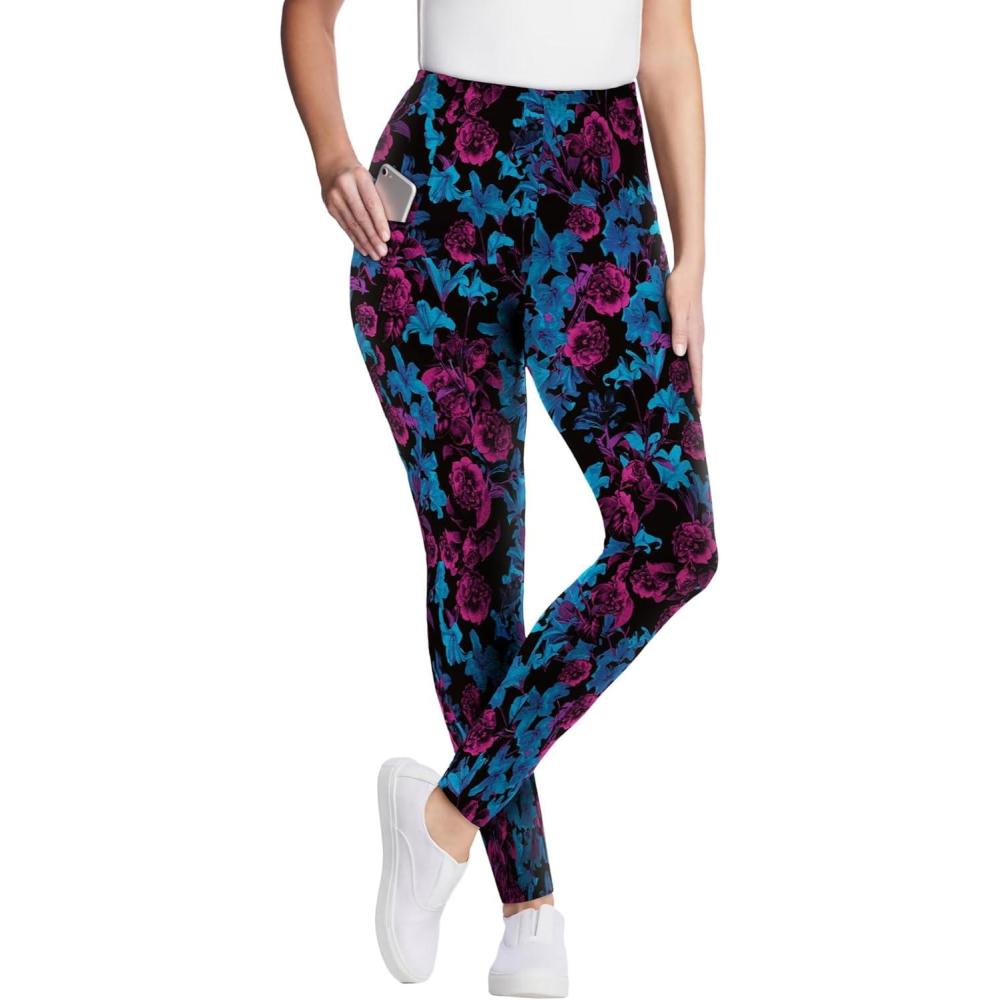 imageWoman Within Plus Size StretchCotton Knit PullOn Printed Pocket LeggingsBlack Teal Lilies
